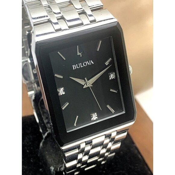 Bulova Men's Watch 96D145 Quartz Diamond Black Dial Rectangle Silver Ste… - Picture 1 of 13